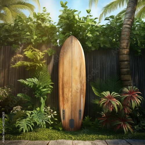 surfboard lying against a wooden garden fence inm a tropical island. Generative ai. photo