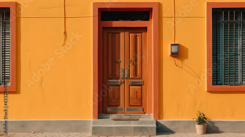 Minimalist Door on Orange Wall. abstract minimal style background
