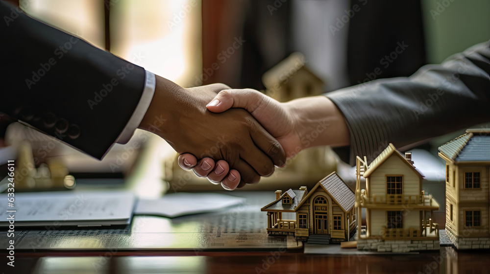 Shaking hands partnership tax lawyer and real estate agent for teamwork. Law of real estate concept. Generative Ai Shaking hands partnership tax lawyer and real estate agent for teamwork. Law of real estate concept. Generative Ai
