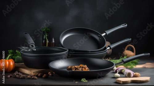 close up view of nice cookware set on grey color back photo
