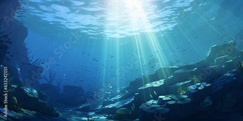 Picture of light shining beneath the sea You can see rocks and coral.