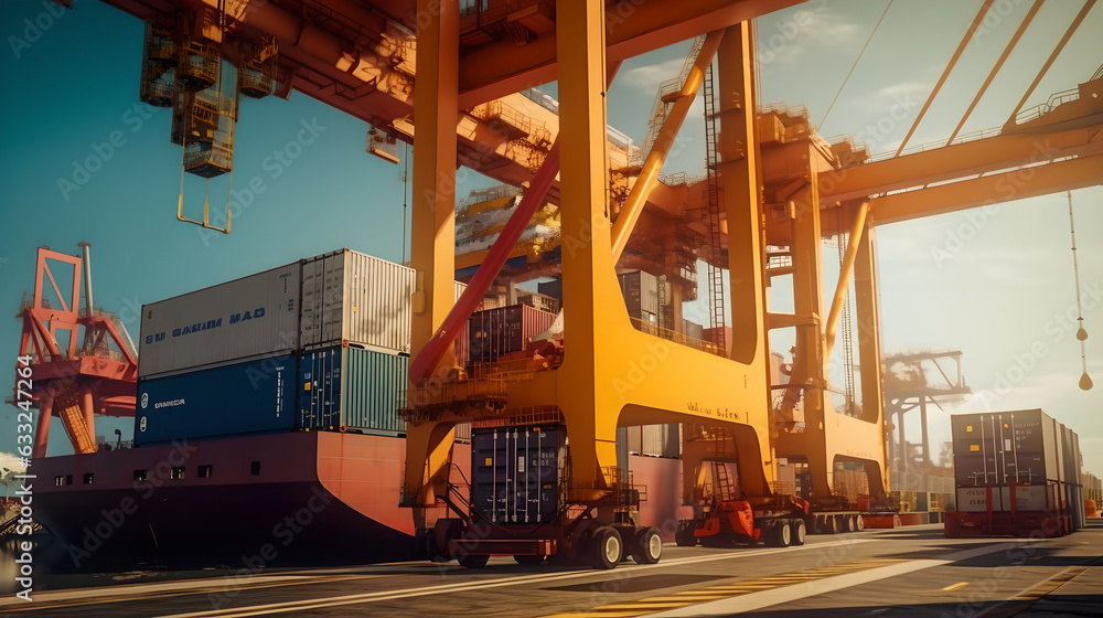 Gantry crane is unloading a container from a ship. Gantry crane is ...