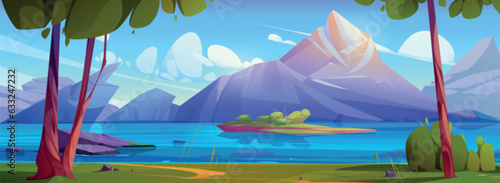 Cartoon landscape with river or lake near mountains. Natural horizontal background of pond, trees and greenery on banks, rocky hills and clouds on sunny sky. Panorama of highland water body.