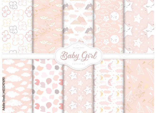 Set Pink Seamless Patterns Little Baby Girl Nursery