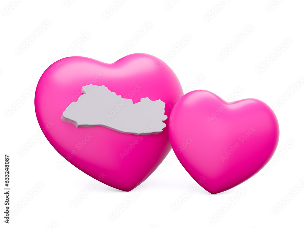 3d Shiny Pink Hearts With 3d White Map Of El Salvador Isolated On White Background, 3d illustration