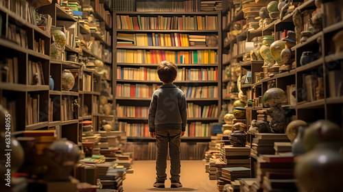 Back view of a child standing among many books