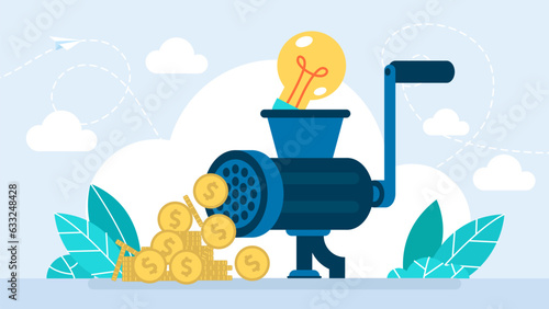 Turning an idea into money, knowledge into profit.  Saving energy and money concept. Buy idea, investing in innovation, modern technology business concept. Flat vector illustration
