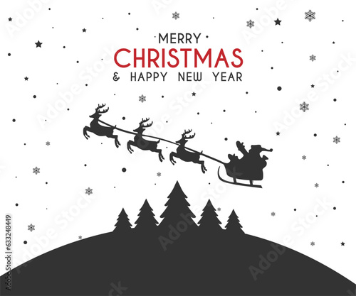 Santa in a reindeer sleigh in the sky. Winter christmas background with santa, trees and snowfall. Black drawings on a white background.Merry Christmas and Happy New Year. Vector