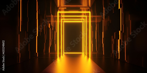 Abstract dark hallway with golden orange neon loops or frames of luminaries crossing the walls and a floor. 3d rendering illustration of an interior space and modern architectural lights