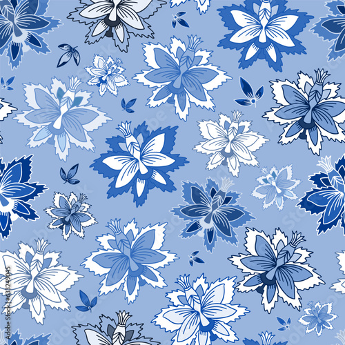 Cobalt blue seamless pattern with hand drawn stylised flowers.