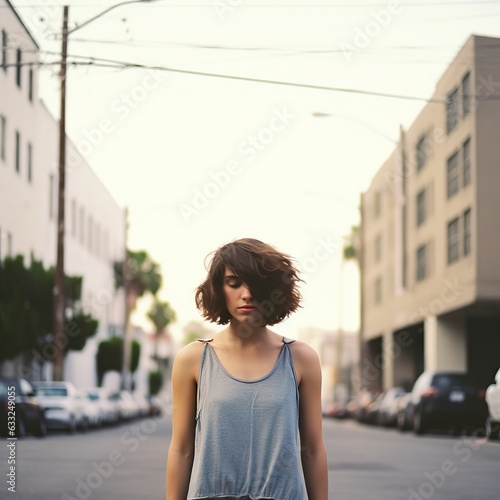 a girl in a T-shirt on an empty street © artem