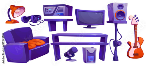 Music studio record furniture vector cartoon set. Empty radio production booth with producer equipment for audio recording. singer microphone, amp sound technology and guitar for live broadcast