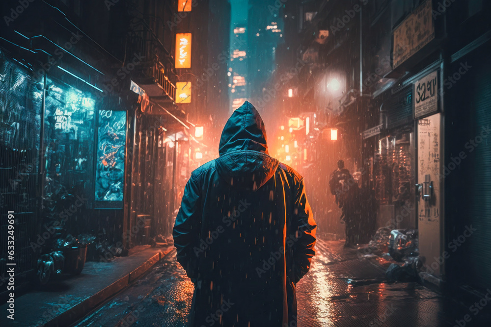 A man stands in the middle of the street at night. Night shot of a city with cars and neon lights. Generative AI. - obrazy, fototapety, plakaty 