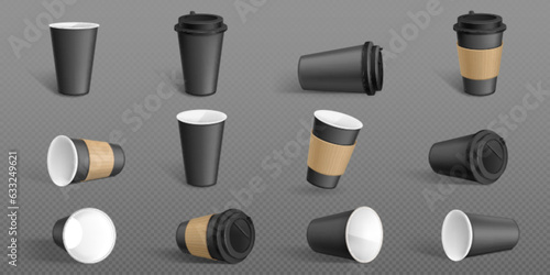 Isolated 3d black paper coffee cup vector mockup template. Take away mug for hot latte drink with lid and brown sleeve holder design. Realistic cappuccino cardboard container side, inside, front view