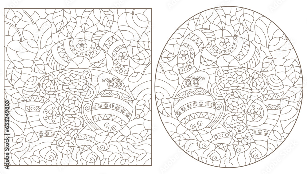 A set of contour illustrations in the style of stained glass with abstract cartoon rabbits on a background of berries, dark contours on a white background A set of contour illustrations in the style of stained glass with abstract cartoon rabbits on a background of berries, dark contours on a white background