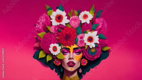 Abstract woman portrait with flowers over head on pink background, fantasy in style Barbie Pink. Concept of environmental friendliness and naturalness of cosmetic products. Banner.