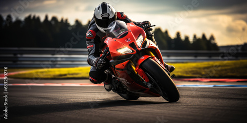 Motorcycle Leaning into a Fast Corner on Track: The Thrill of MotoGP Racing photo