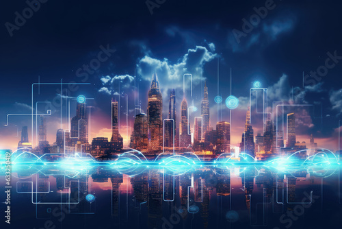 Futuristic of digital smart city with neon light and technology background  network connection and communication concept  virtual reality  with Generative Ai.