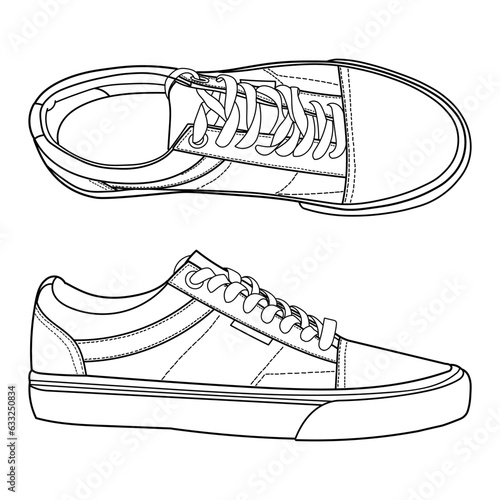 hand drawn sneakers, gym shoes, side and sole view. Image in different views - front, back, top, side, sole and 3d view. Doodle vector illustration.	
