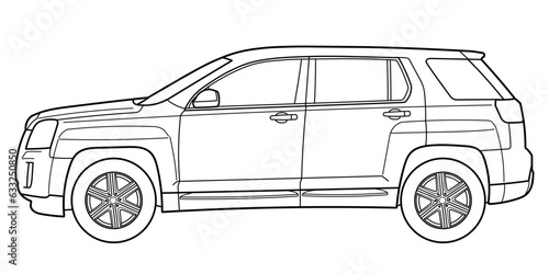 Classic luxury suv car. Crossover car front view shot. Outline doodle vector illustration. Design for print, coloring book