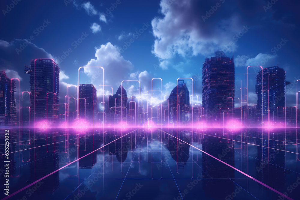 Futuristic of digital smart city with neon light and technology background, network connection and communication concept, virtual reality, with Generative Ai. Futuristic of digital smart city with neon light and technology background, network connection and communication concept, virtual reality, with Generative Ai.