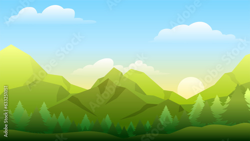 Mountain landscape vector illustration. Green mountains ridge with morning sky. Mountain range landscape for background, wallpaper, display or landing page. Vector gradient style background