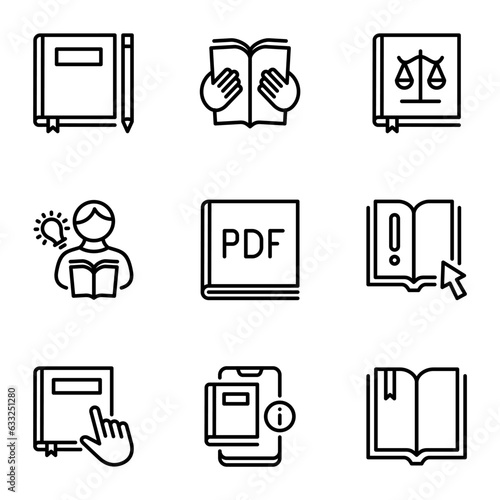 book line icons set. textbook, journal, lesson, literature, read, learn, library, publication, studying, dictionary, guide, knowledge, university, examining