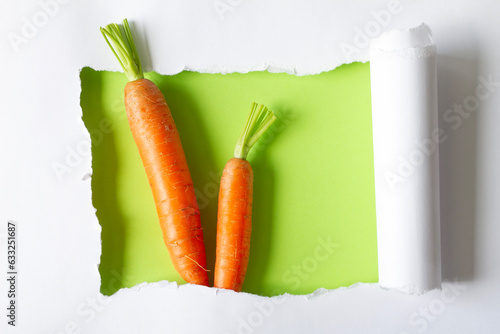 Two carrot in frame of torn paper on light green background, creative concept 