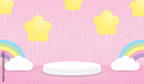 white minimal podium display with cute kawaii star balloons and sweet colorful pastel rainbow on pink wall and floor 3d illustration vector for putting product or object