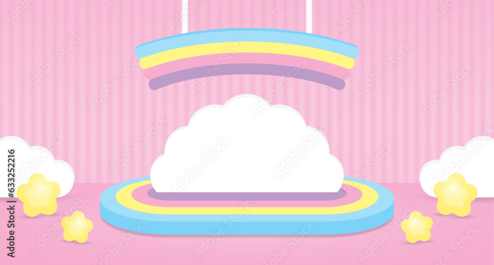 cute kawaii colorful podium display with white cloud backdrop and hanging rainbow sign on pink wall and floor 3d illustration vector for putting product or object cute kawaii colorful podium display with white cloud backdrop and hanging rainbow sign on pink wall and floor 3d illustration vector for putting product or object