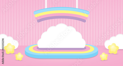 cute kawaii colorful podium display with white cloud backdrop and hanging rainbow sign on pink wall and floor 3d illustration vector for putting product or object