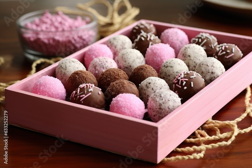 Chocolate candies in pink box on wooden table, closeup. Brigadeiro © artem