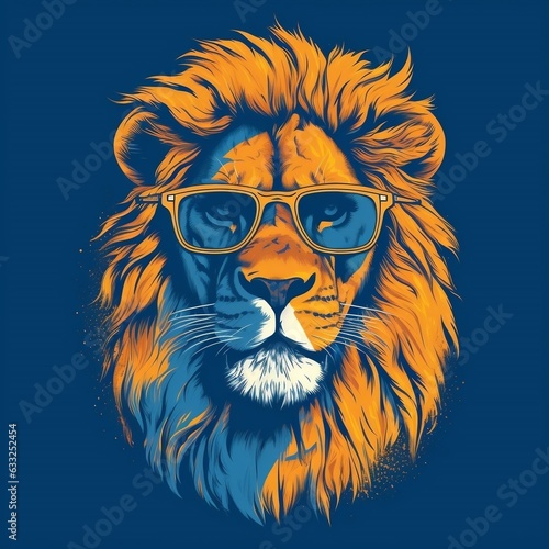 Flat illustration of one retro aggressive lion wearing a sunglasses generative ai