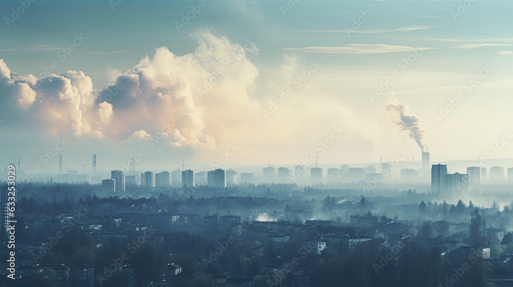 Factory pipes pollute the atmosphere. Pollution of industrial enterprises, exhaust gases of chimneys. Industrial area, thick clouds of smoke. Climate change, ecology