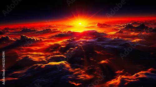 Sunset seen from above the clouds  red glow atmosphere  soft focus background with copyspace for presentation