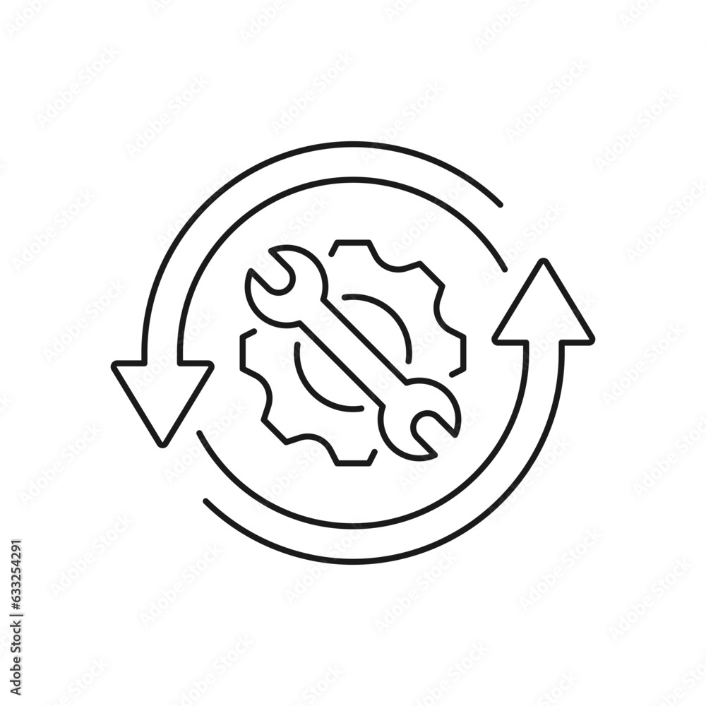 Gear and wrench in circular arrow icon line style isolated on white background. Vector illustration Gear and wrench in circular arrow icon line style isolated on white background. Vector illustration