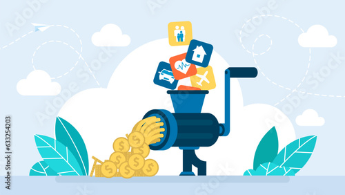 Employee benefits package. Investment growth, growing money to earn profit from savings. Compensation supplementing employee's salary. Increase wealth from stock market. Flat vector illustration