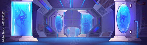 Futuristic spaceship interior corridor and capsule inside. Space ship with science lab and cryogenic hibernation technology container. Neon light in laboratory hall with door. Cryopod panel vector