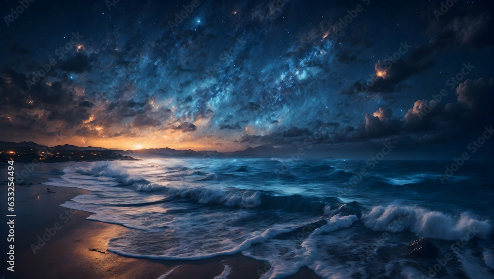 A stunningly detailed star-filled night sky, with the stars twinkling over the sea 

