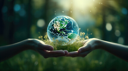 Woman hand holding earth, save planet, earth day, sustainable living, ecology environment, climate emergency action, world environment day concept, illustration for global warming content