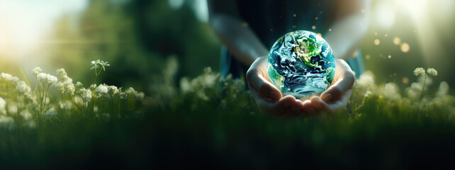 Woman hand holding earth, save planet, earth day, sustainable living, ecology environment, climate emergency action, world environment day concept, illustration for global warming content