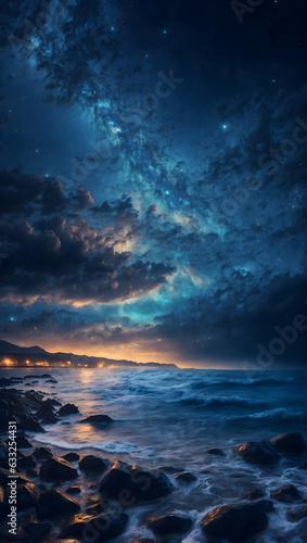 A stunningly detailed star-filled night sky  with the stars twinkling over the sea  