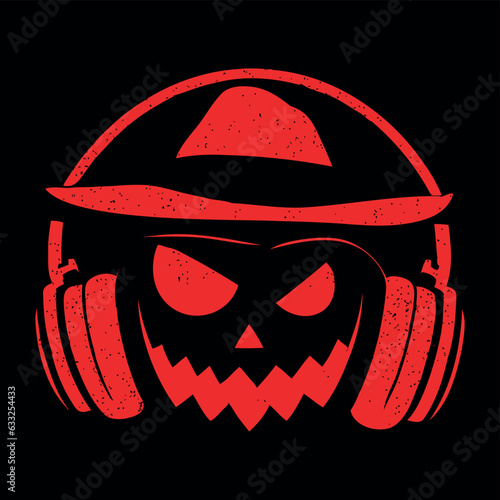 Halloween pumpkin cartoon wearing music headphones, vector drawing
