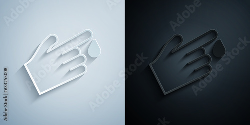 Paper cut Hand finger with blood drops icon isolated on isolated on grey and black background. Diabetes, sugar blood. Paper art style. Vector