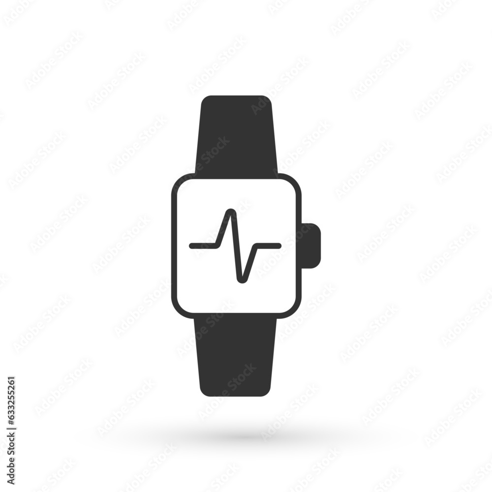 Grey Smart watch showing heart beat rate icon isolated on white background. Fitness App concept. Vector