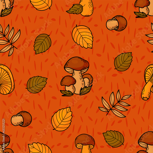 Seamless autumn pattern. Forest mushrooms porcini and chanterelles on bright orange background with colorful autumn leaves. Vector illustration