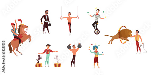 Circus characters set, acrobat and clown, juggler and strongman, tamer in costumes