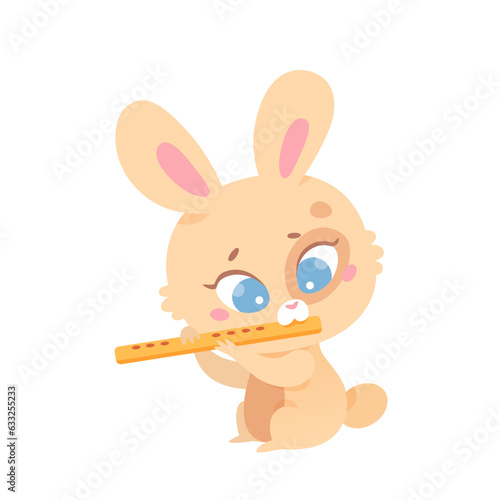 Adorable rabbit playing flute, cute little bunny holding woodwind musical instrument