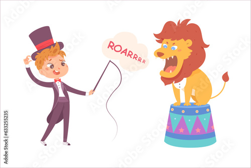 Circus performance with lion and trainer vector illustration. Cartoon isolated angry lion sitting on arena podium and roaring, cute tamer boy in vintage dress holding whip to train circus animal
