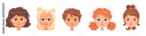 Profile avatars with girls faces set, little characters with different eyes, hairstyle